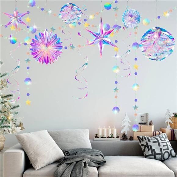 Iridescent Party Decorations 29 PCS Hanging Honeycomb Paper Fans Swirls Birthday - Picture 6 of 7